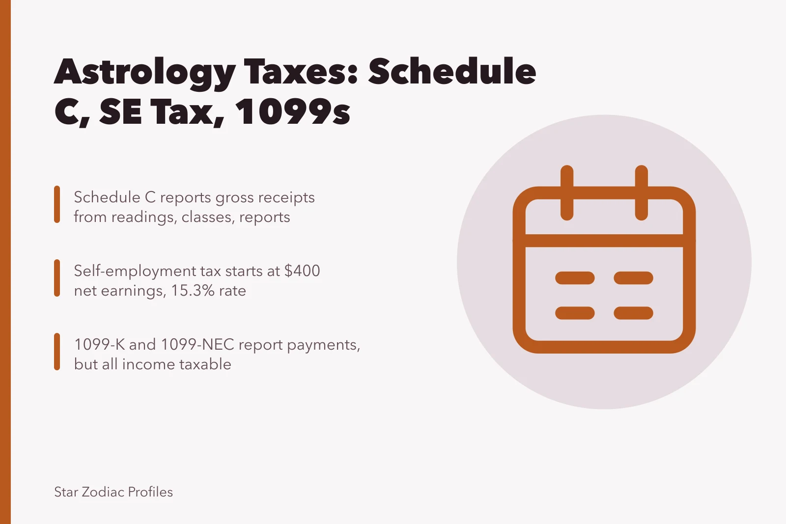 Tax form and calculator for astrology business taxes. Taxes for US astrology practitioners, self-employment and 1099s explained