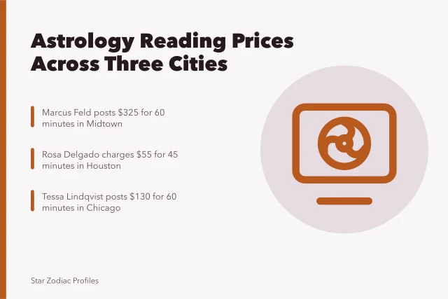 Chart comparing birth chart reading prices in New York, Chicago and Houston. Birth chart reading prices in New York City, Chicago and Houston compared