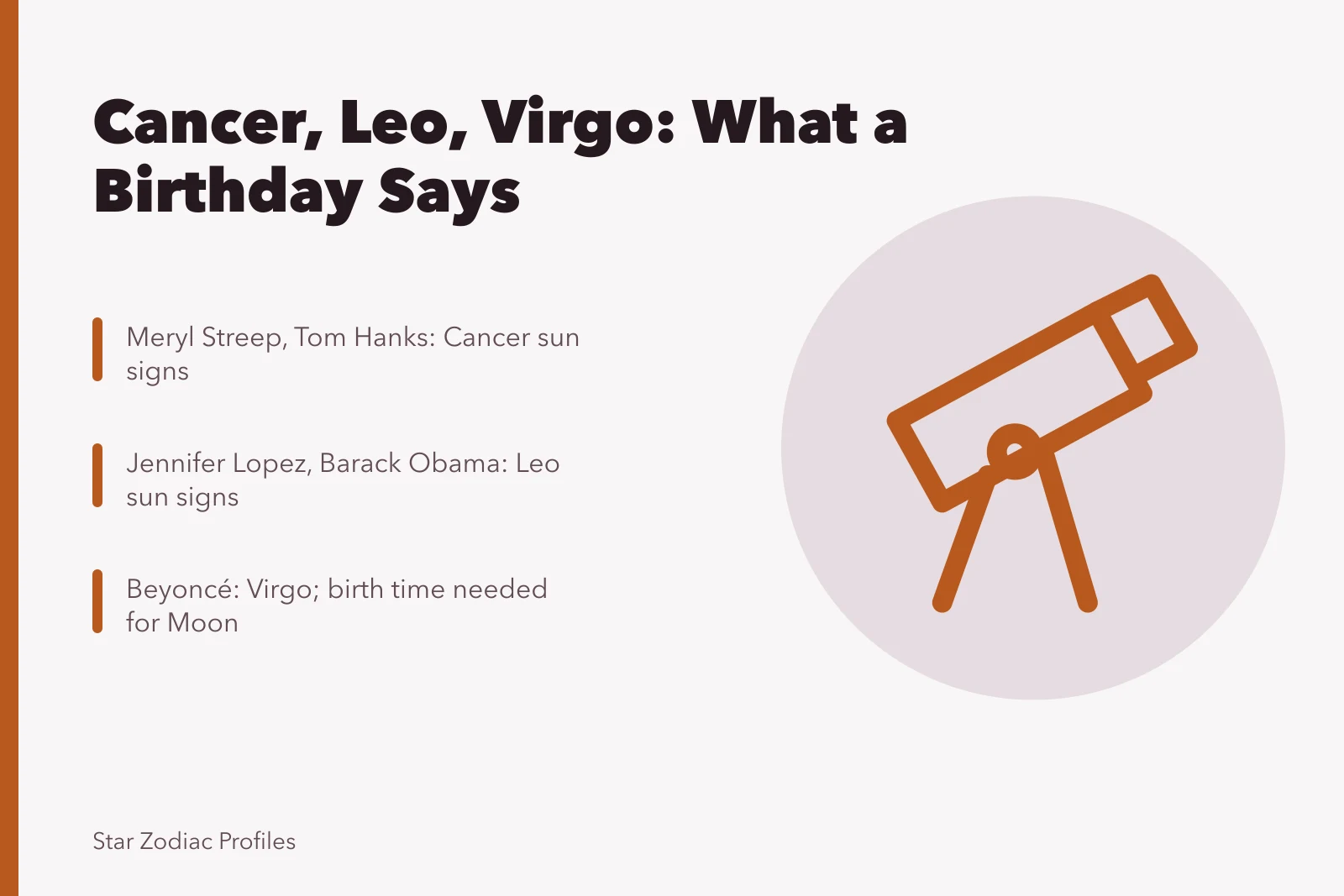 Star chart card listing Cancer, Leo and Virgo celebrity birthdays. 5 notes on Cancer to Virgo celebrities worth reading