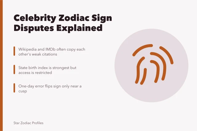 Card comparing Wikipedia, IMDb and birth index zodiac date disputes. Celebrity Zodiac Sign Disputes: When Birth Dates Contradict Each Other