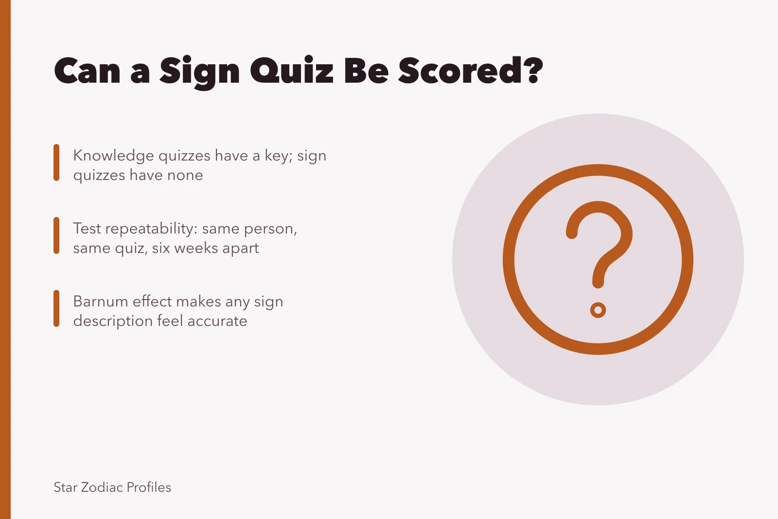 Card explaining zodiac quizzes lack answer keys but can be tested for repeatability. Most Gemini quizzes have no answer key, but one property can still be tested