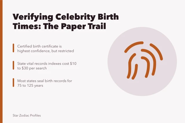 Card listing sources and costs for verifying celebrity birth times. How to Verify Celebrity Birth Times Without Trusting One Source