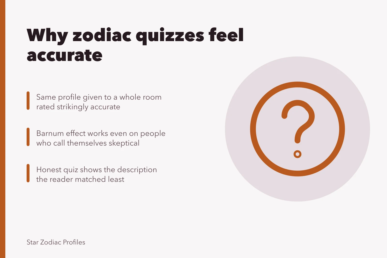 Zodiac quiz card explaining the Barnum effect and honest quiz design. Libra to Pisces celebrities quiz: signal versus noise