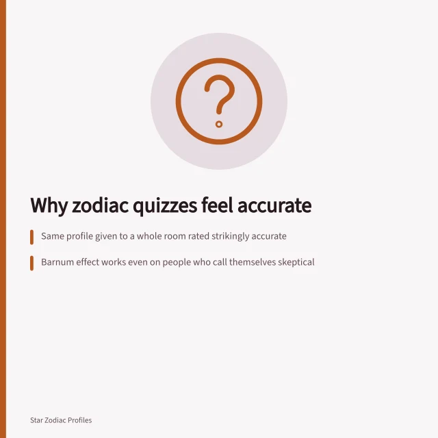 Zodiac quiz card explaining the Barnum effect and honest quiz design. Libra to Pisces celebrities quiz: signal versus noise