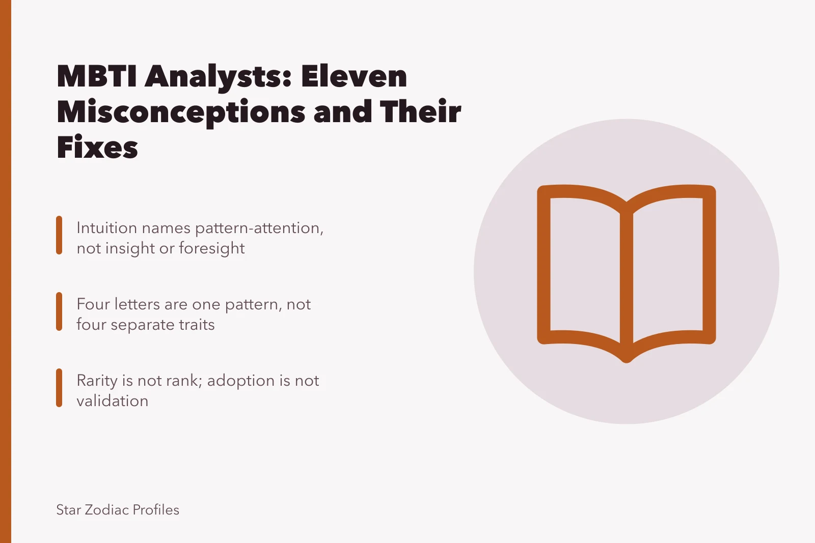Card listing eleven MBTI analyst misconceptions grouped as vocabulary, structure and status. MBTI analysts misconceptions and where they come from