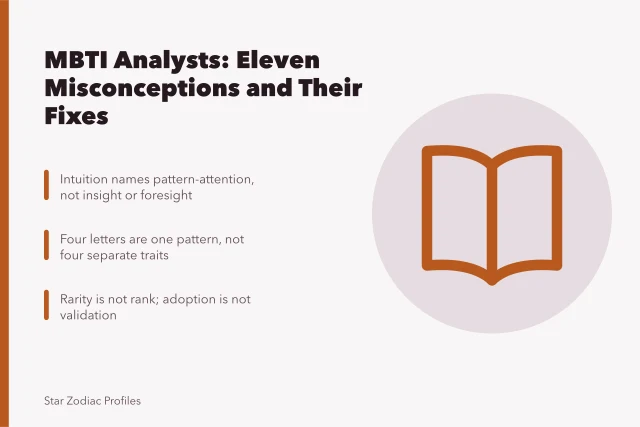 Card listing eleven MBTI analyst misconceptions grouped as vocabulary, structure and status. MBTI analysts misconceptions and where they come from