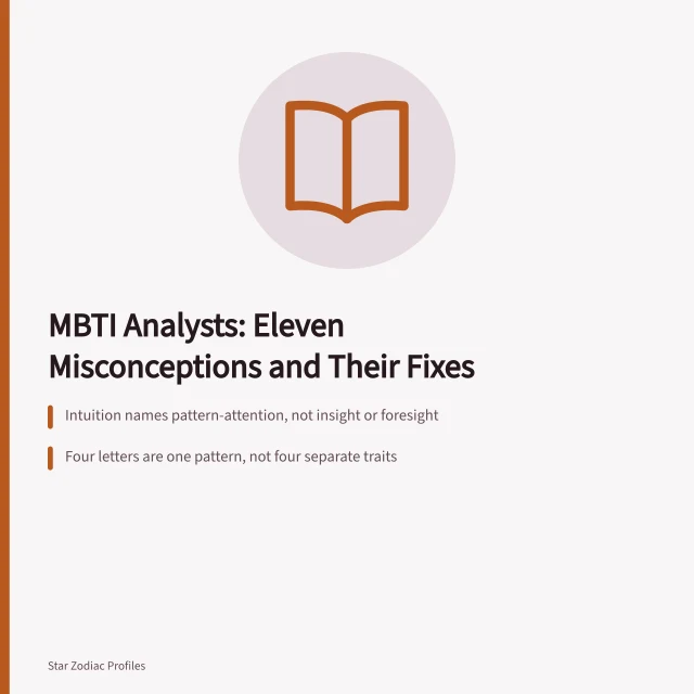 Card listing eleven MBTI analyst misconceptions grouped as vocabulary, structure and status. MBTI analysts misconceptions and where they come from