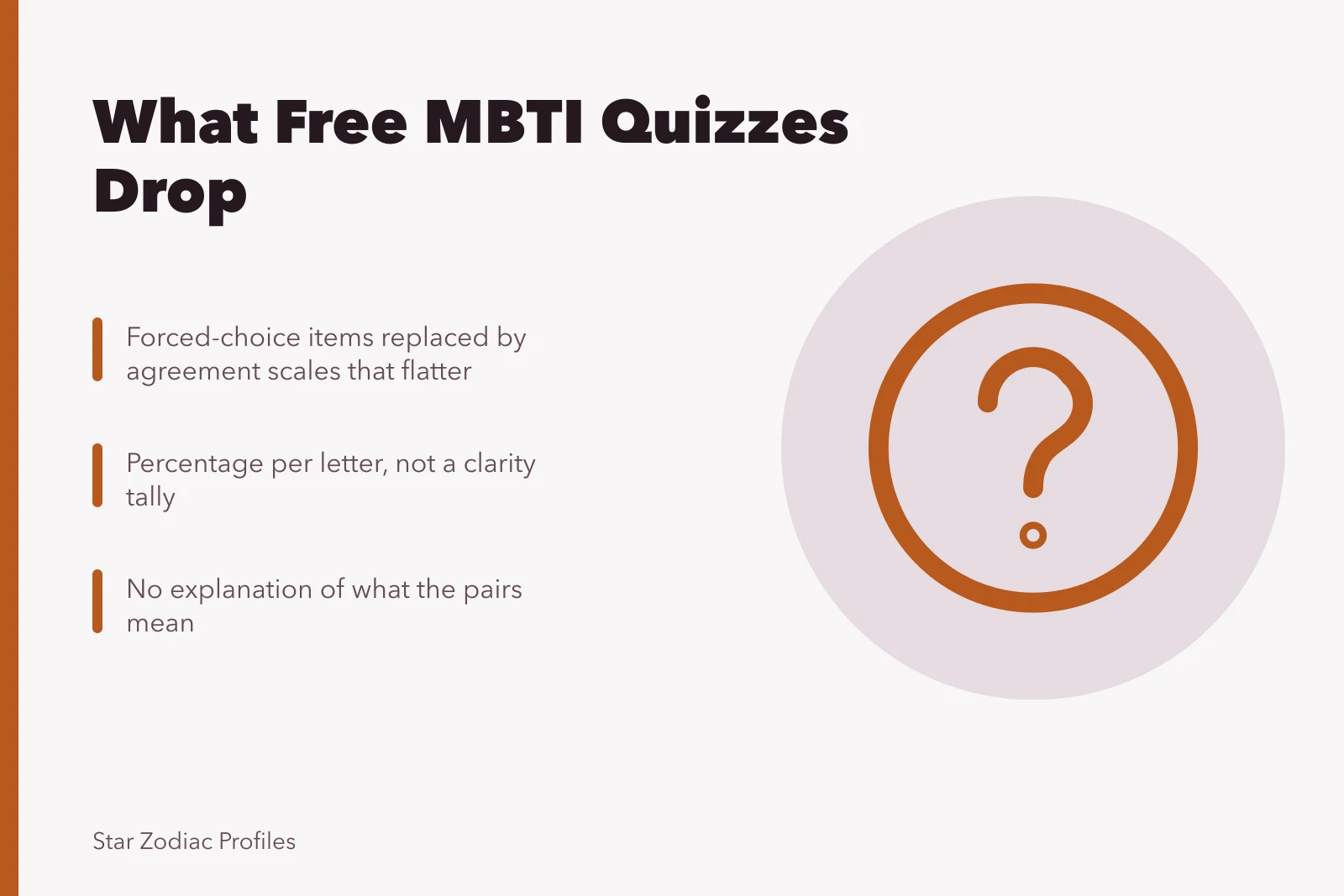 Card listing what free MBTI quizzes omit from published procedure. MBTI analysts quiz: what to keep and what to drop