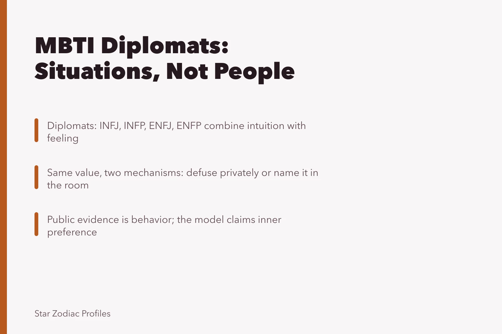 Card explaining MBTI diplomat types shown through four invented situations. Where MBTI diplomat claims run out, mapped through four invented scenarios
