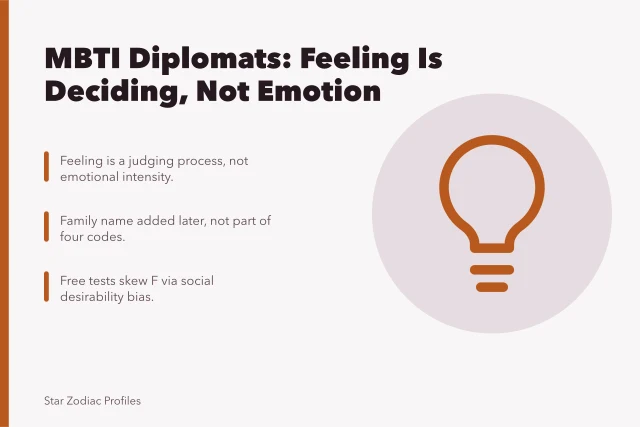 Card explaining MBTI diplomat misconceptions about feeling, intuition, and test bias. Clearing up MBTI diplomats misconceptions