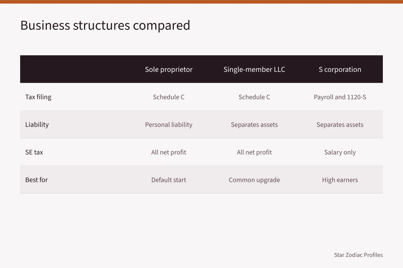 Comparison table of sole proprietorship, LLC, and S corporation (Taxes for US astrology practitioners, self-employment and 1099s explained)