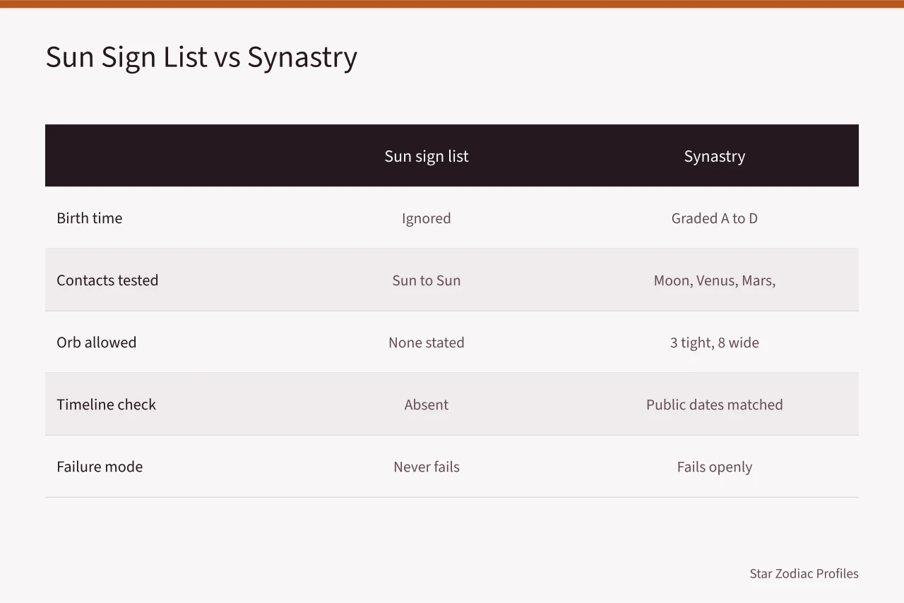 Table comparing sun sign lists with synastry on four criteria (Celebrity Couple Synastry: Which Aspects Actually Repeat in Real Pairs)