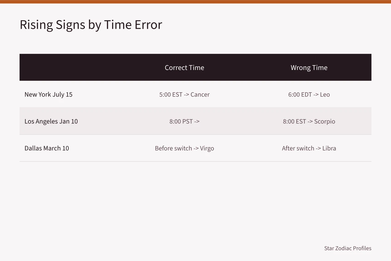 Comparison table showing how time errors change rising signs in three examples (How US time zones and daylight saving change a celebrity rising sign)