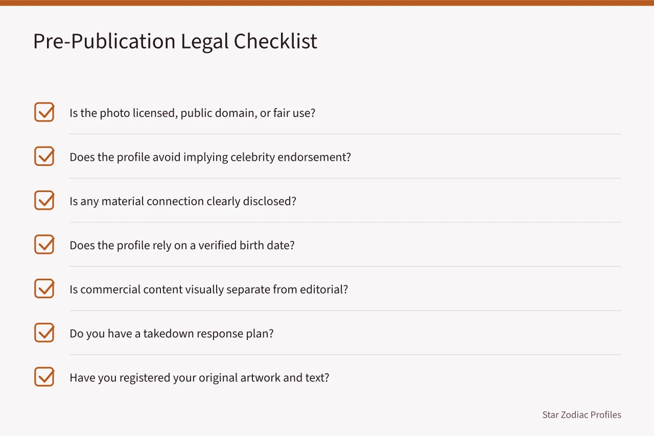 Checklist of seven legal questions to review before publishing a celebrity zodiac profile (What US law says about celebrity names and photos in zodiac profiles)