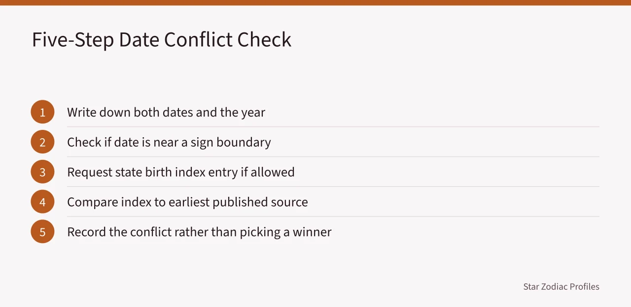 Five-step checklist for resolving disputed birth dates (Celebrity Zodiac Sign Disputes: When Birth Dates Contradict Each Other)