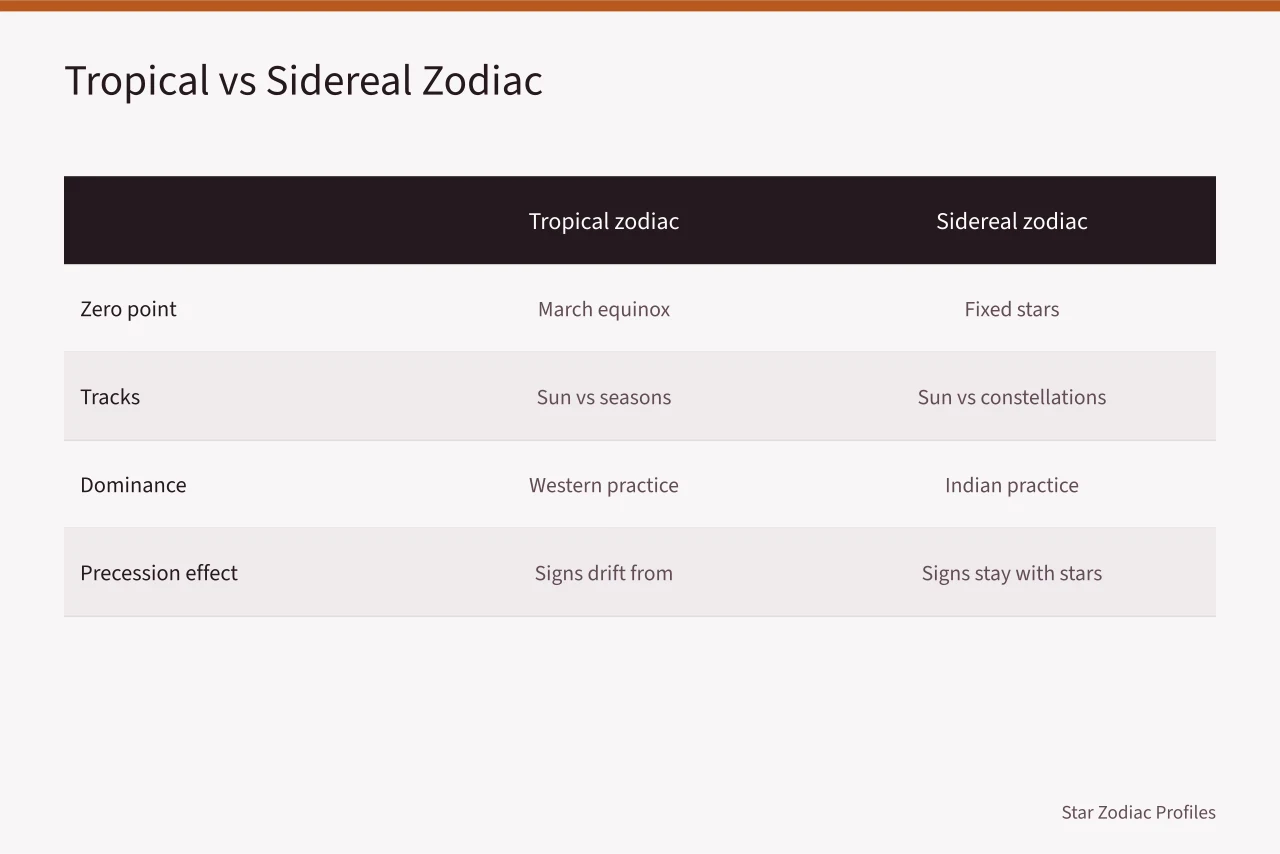 Comparison table of tropical and sidereal zodiac zero points and effects (Famous Taurus lists compared against two zodiacs that disagree on the sign's dates)