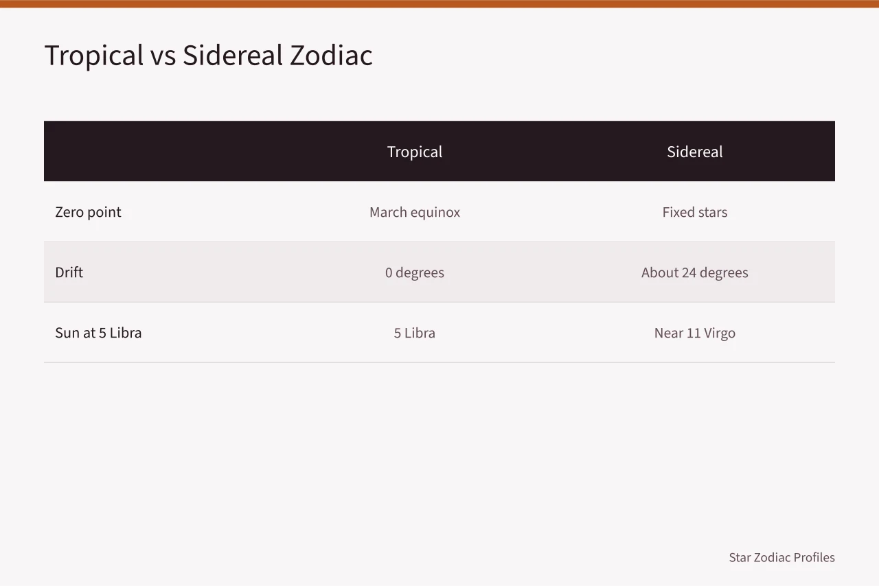Comparison of tropical and sidereal zodiac anchors and resulting sun positions (How birth time alone can change a Libra to Pisces celebrity example)