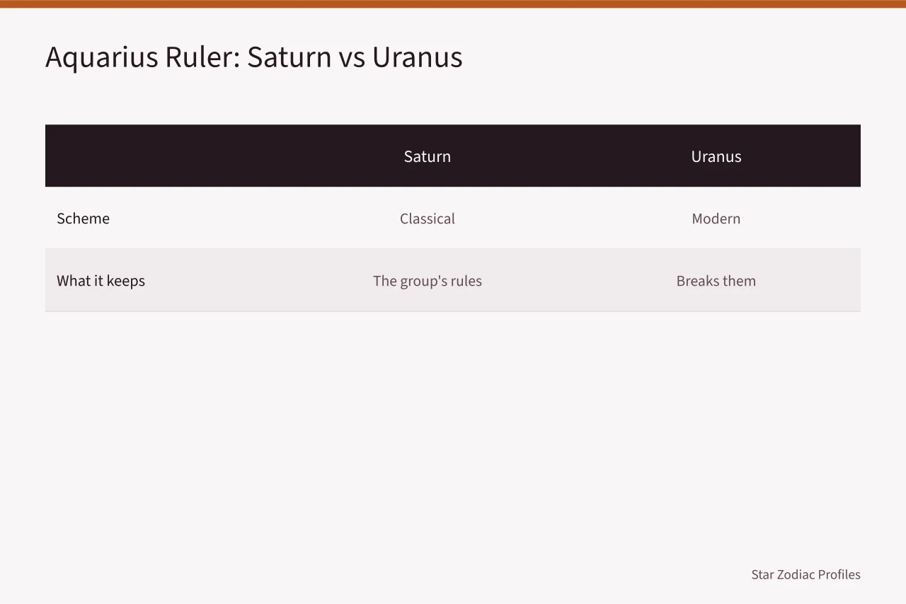 Comparison table of Aquarius's classical ruler Saturn and modern ruler Uranus (Libra to Pisces celebrities: a dated, sourced directory)