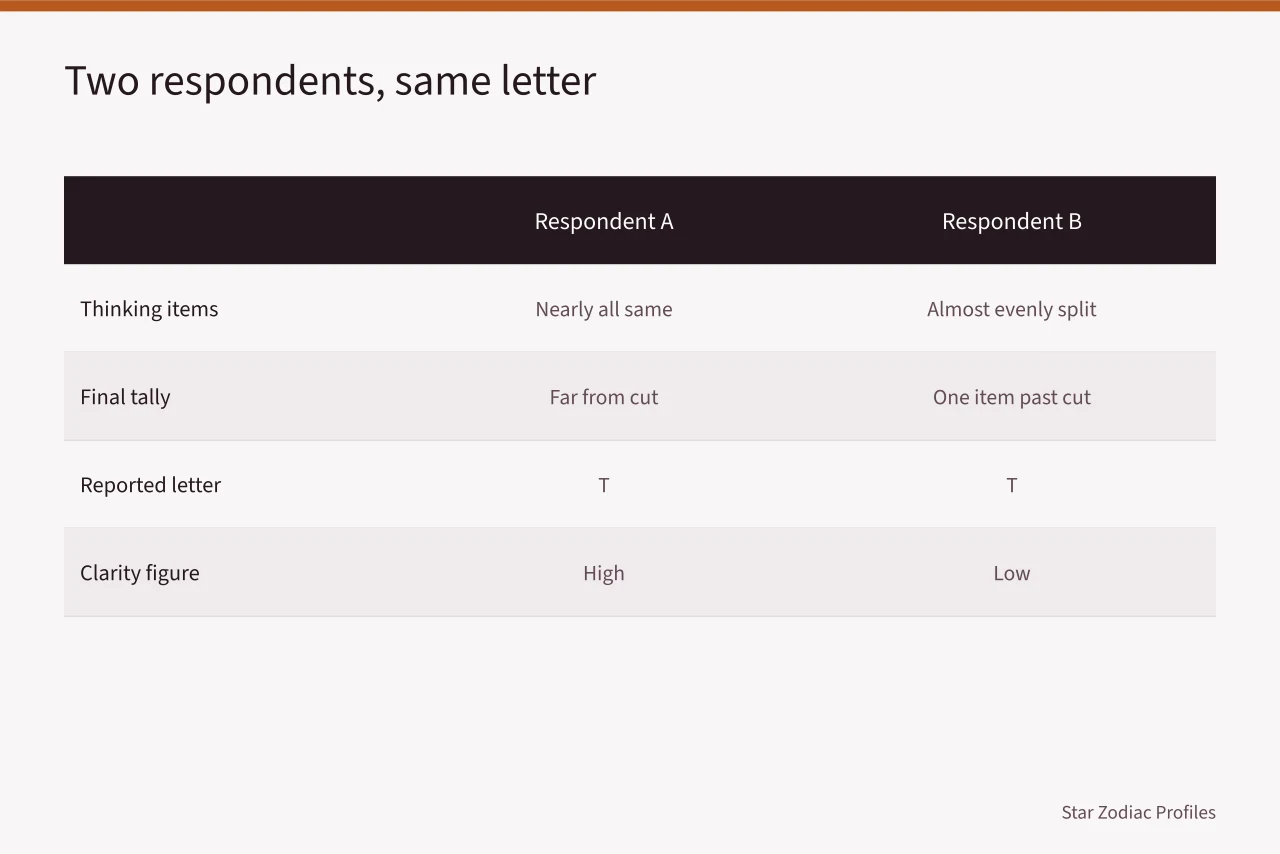 Comparison of two respondents who both report T but differ in clarity (The honest guide to MBTI analysts traits)