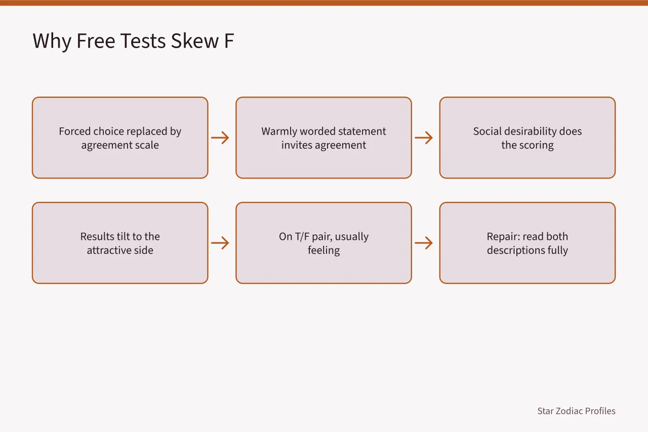 Flow diagram showing how free questionnaires tilt results toward feeling (Clearing up MBTI diplomats misconceptions)