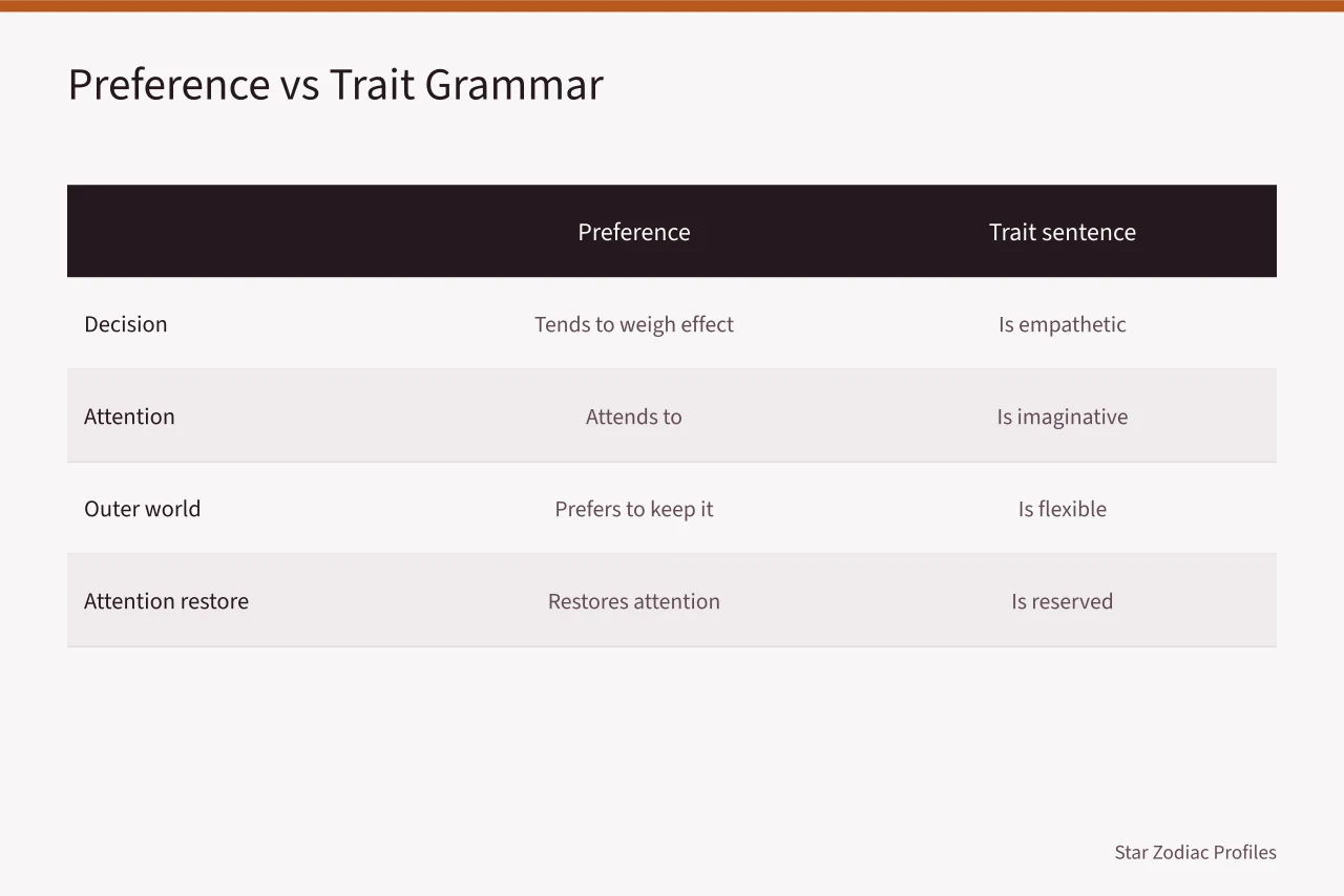 Table comparing preference sentences with the trait sentences they become (MBTI diplomats traits from the ground up)